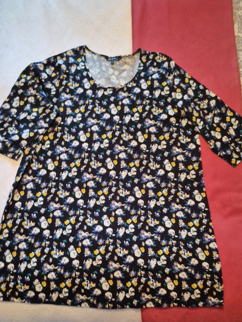 Ulla Popken Black Floral Tee with Yellow & White Blooms